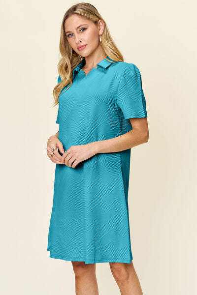 Double Take Full Size Texture Collared Neck Short Sleeve Dress 