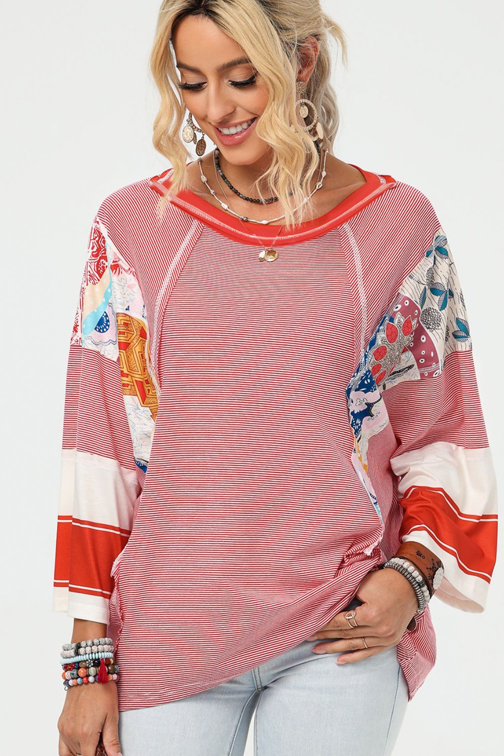 Striped Floral Patchwork Round Neck Top 