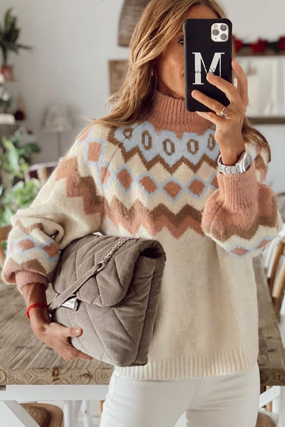 Geometric Mock Neck Long Sleeve Sweater 