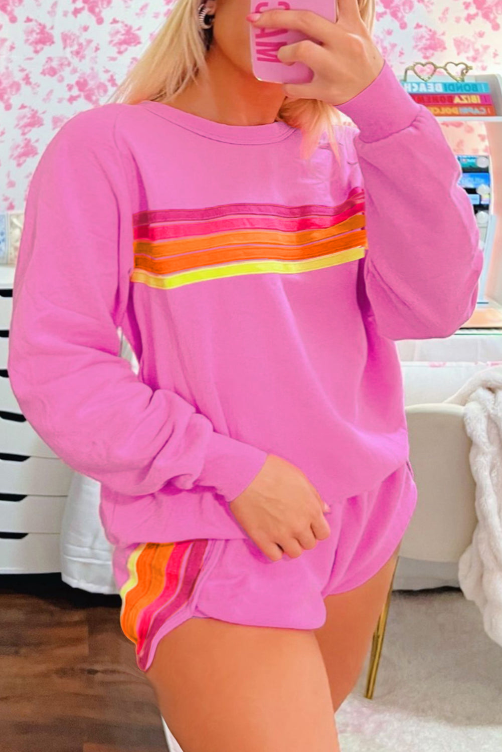 Bonbon Striped Accent Pullover and Shorts Two Piece Casual Set Two Piece Sets/Short Sets