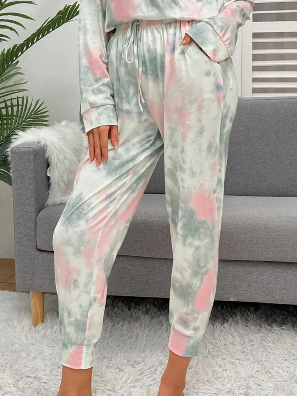 Shiny Tie-Dye Round Neck Top and Drawstring Pants Lounge Set Lingerie & Nightwear