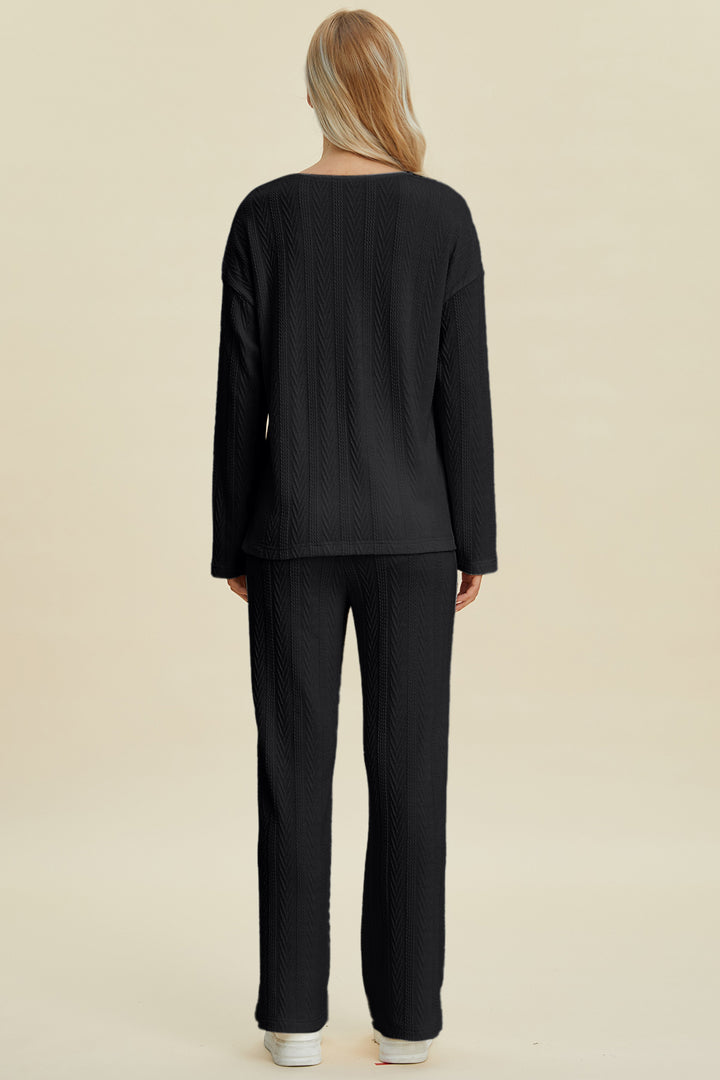 Double Take Full Size Cable-Knit Long Sleeve Top and Pants Set 