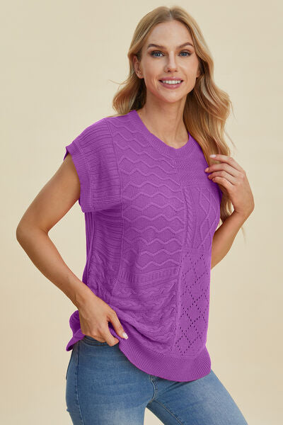 Double Take Full Size Cable-Knit Round Neck Cap Sleeve Sweater 