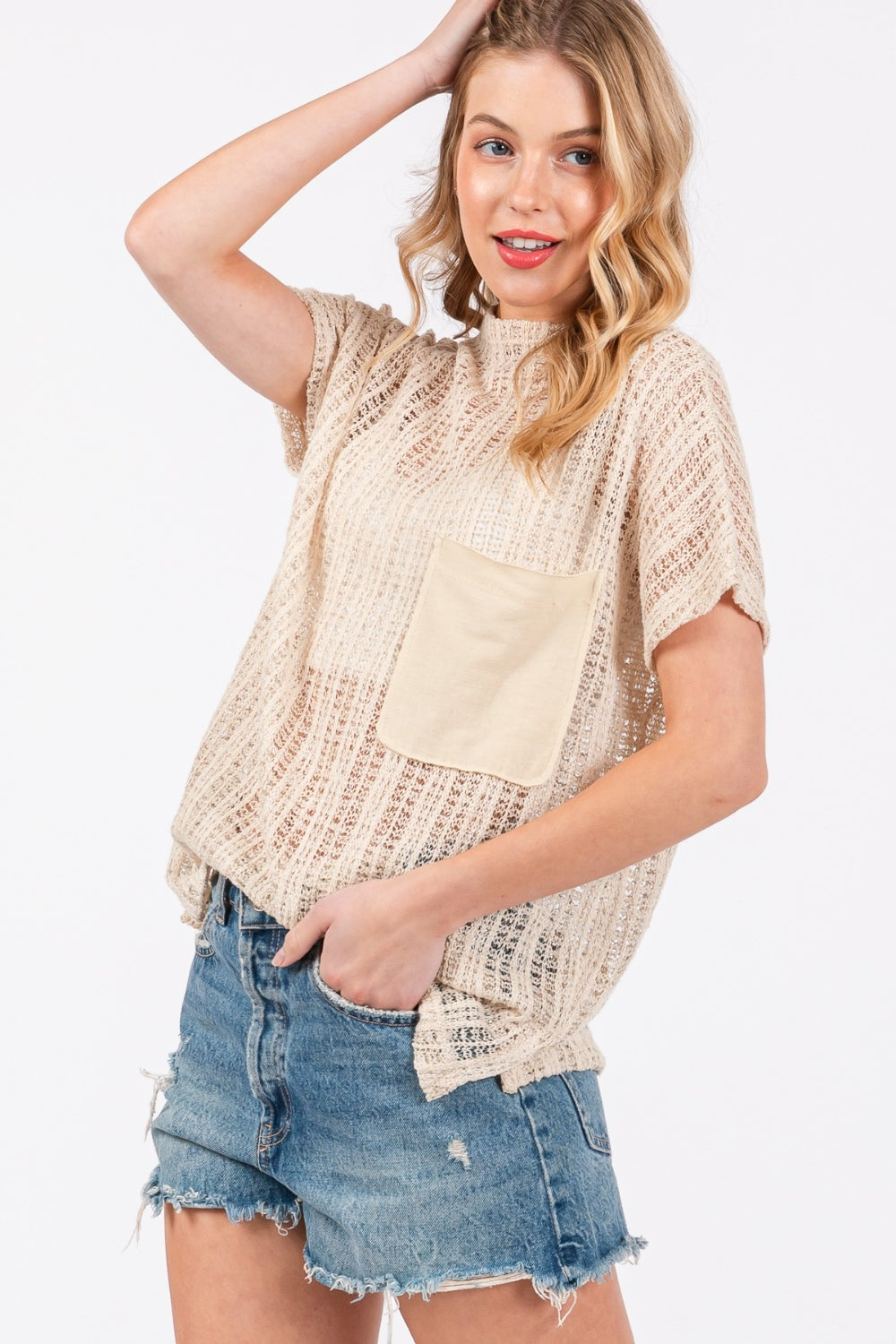 Ces Femme See Through Crochet Mock Neck Cover Up 