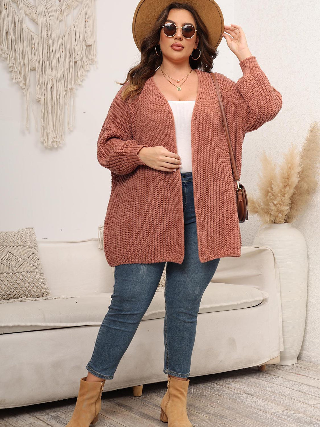 Plus Size Open Front Dropped Shoulder Knit Cardigan 