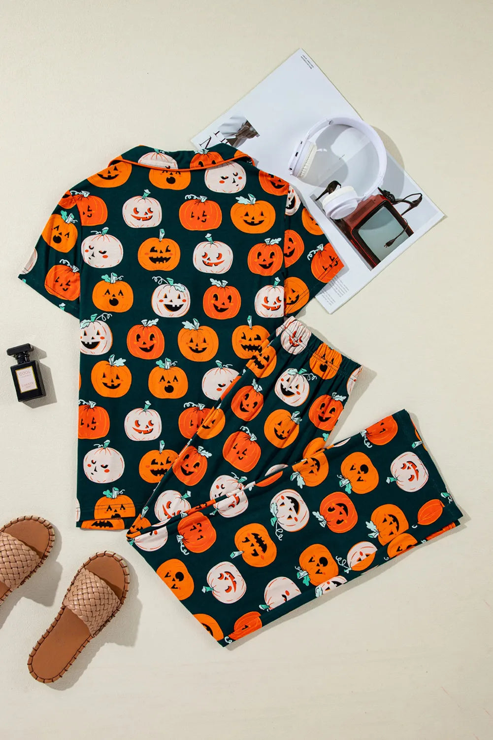 Pumpkin Printed Short Sleeve Top and Pants Lounge Set Lingerie & Nightwear