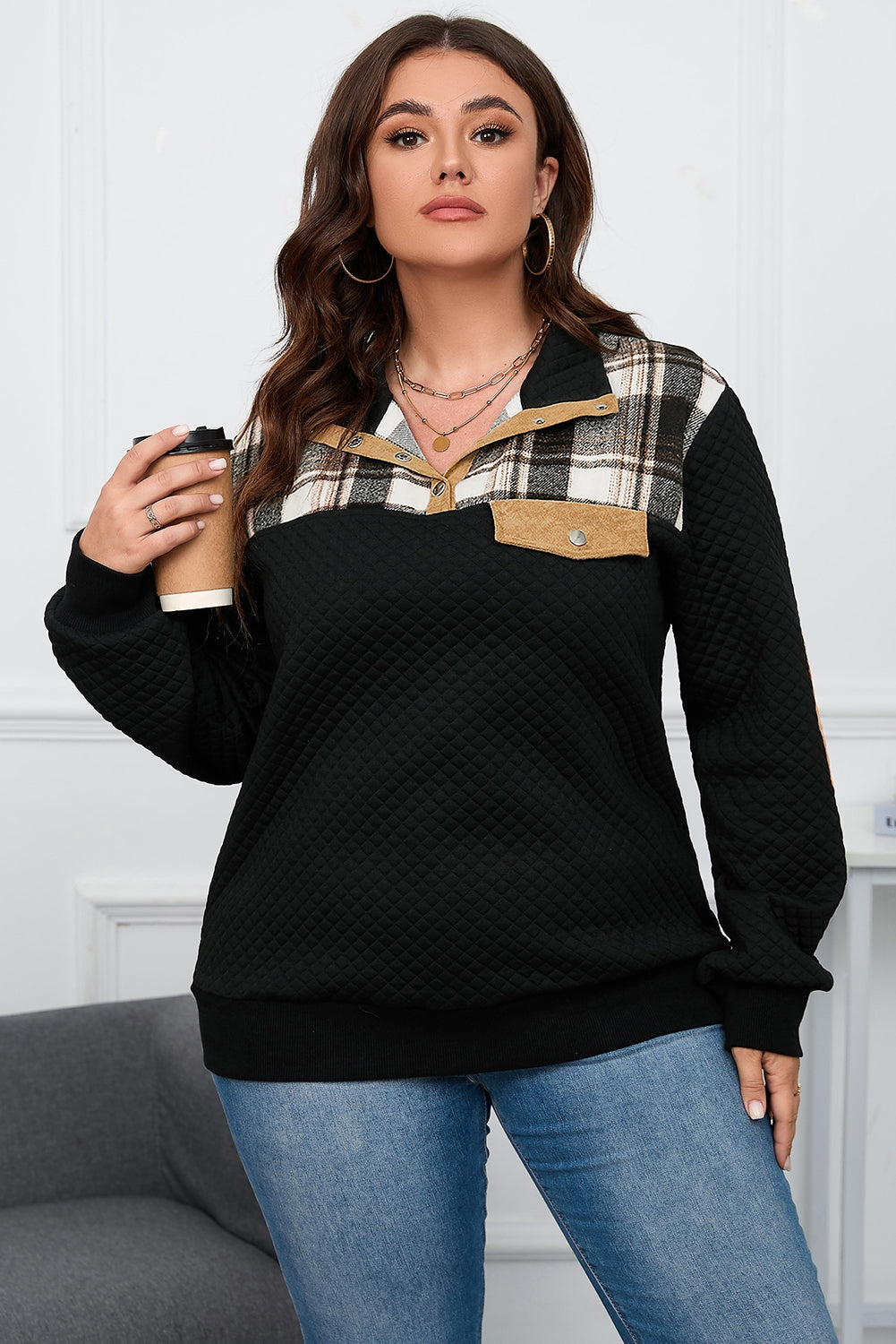 Plus Size Waffle-Knit Collared Neck Sweatshirt 