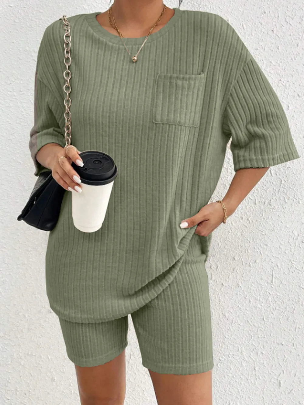 Ribbed Round Neck Top and Shorts Set Two Piece Dresses
