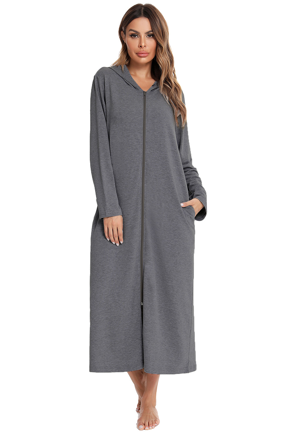 Zip Front Hooded Night Dress with Pockets 