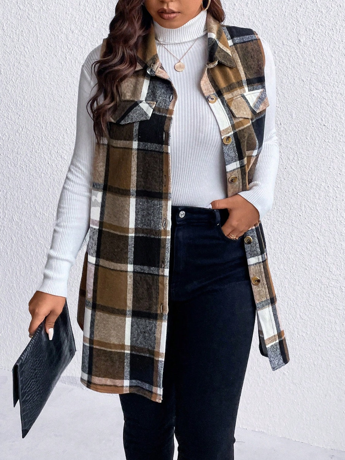 Honey Plus Size Pocketed Plaid Button Up Vest Coat 