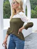 Waffle-Knit Lace Round Neck Long Sleeve T-Shirt 