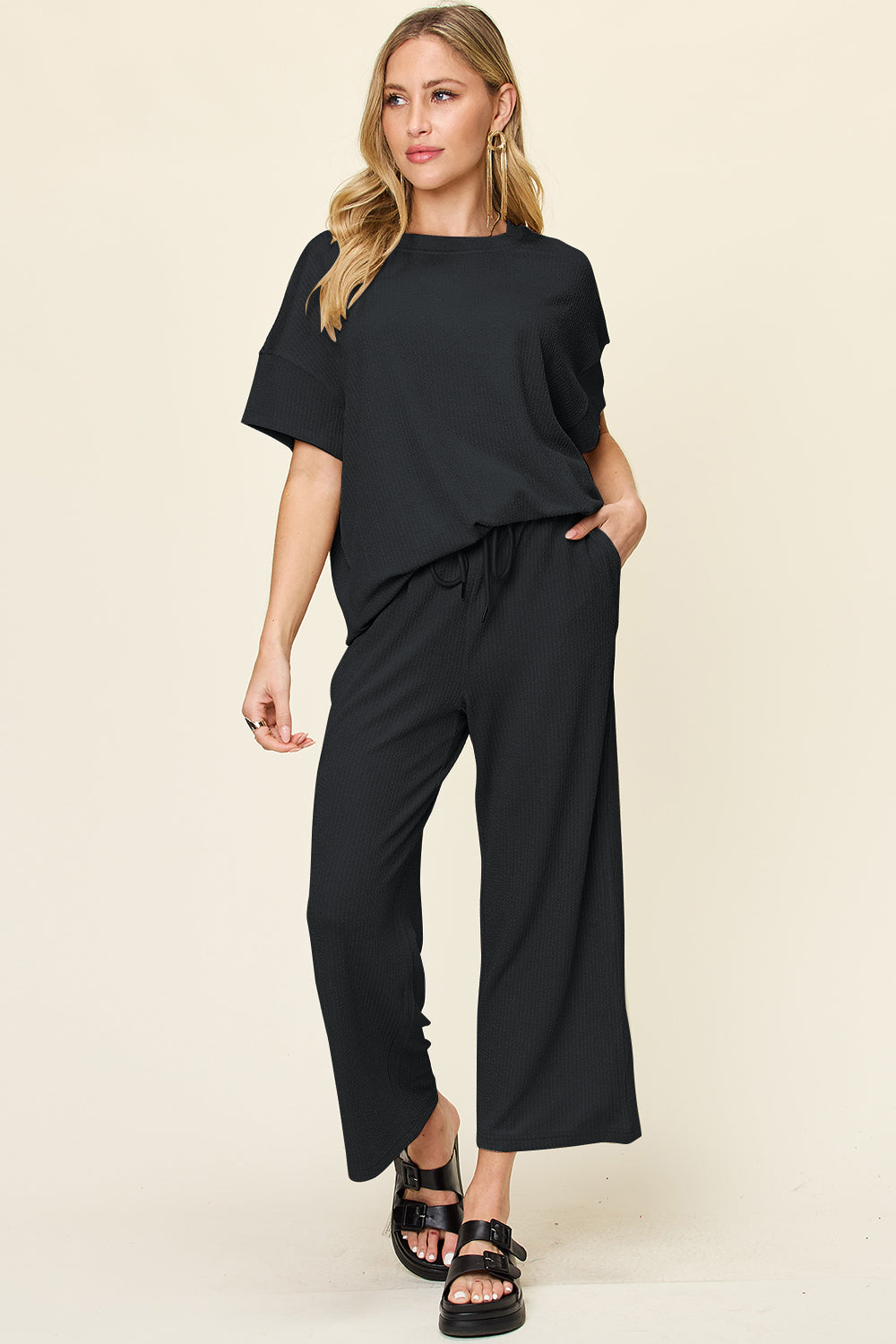 Double Take Full Size Texture Round Neck Short Sleeve T-Shirt and Wide Leg Pants 