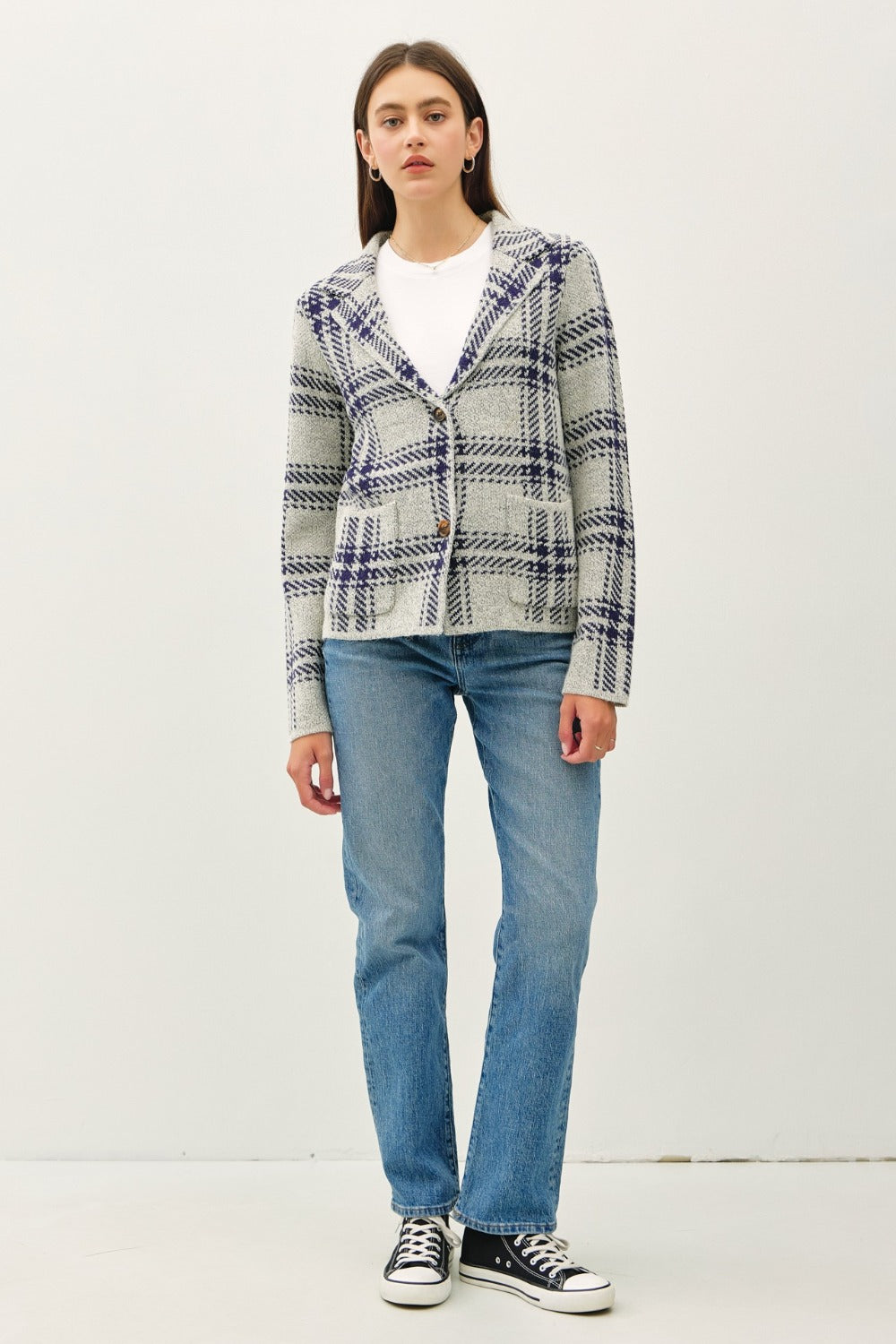 Be Cool Plaid Long Sleeve Sweater Jacket with Front Patch Pockets 
