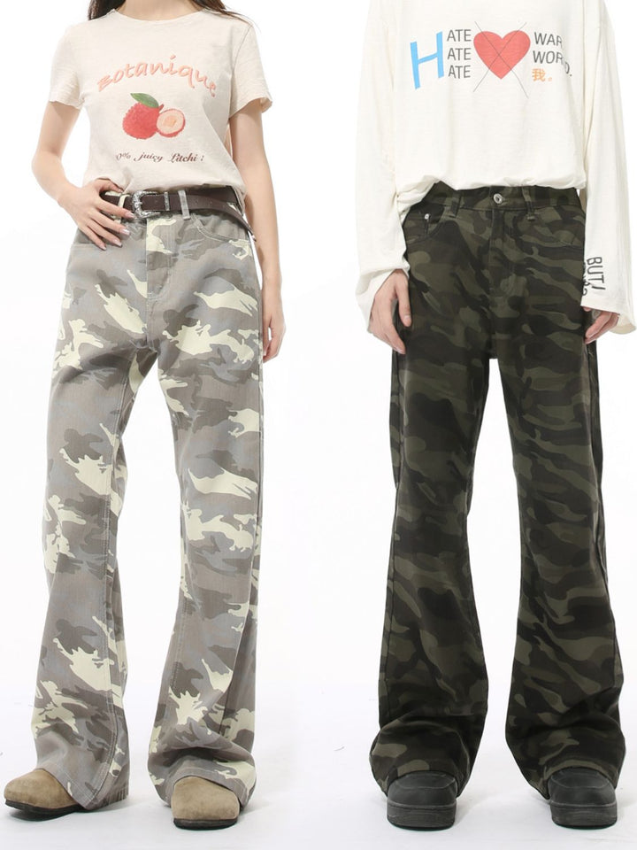 Camouflage Bootcut Jeans with Pockets 