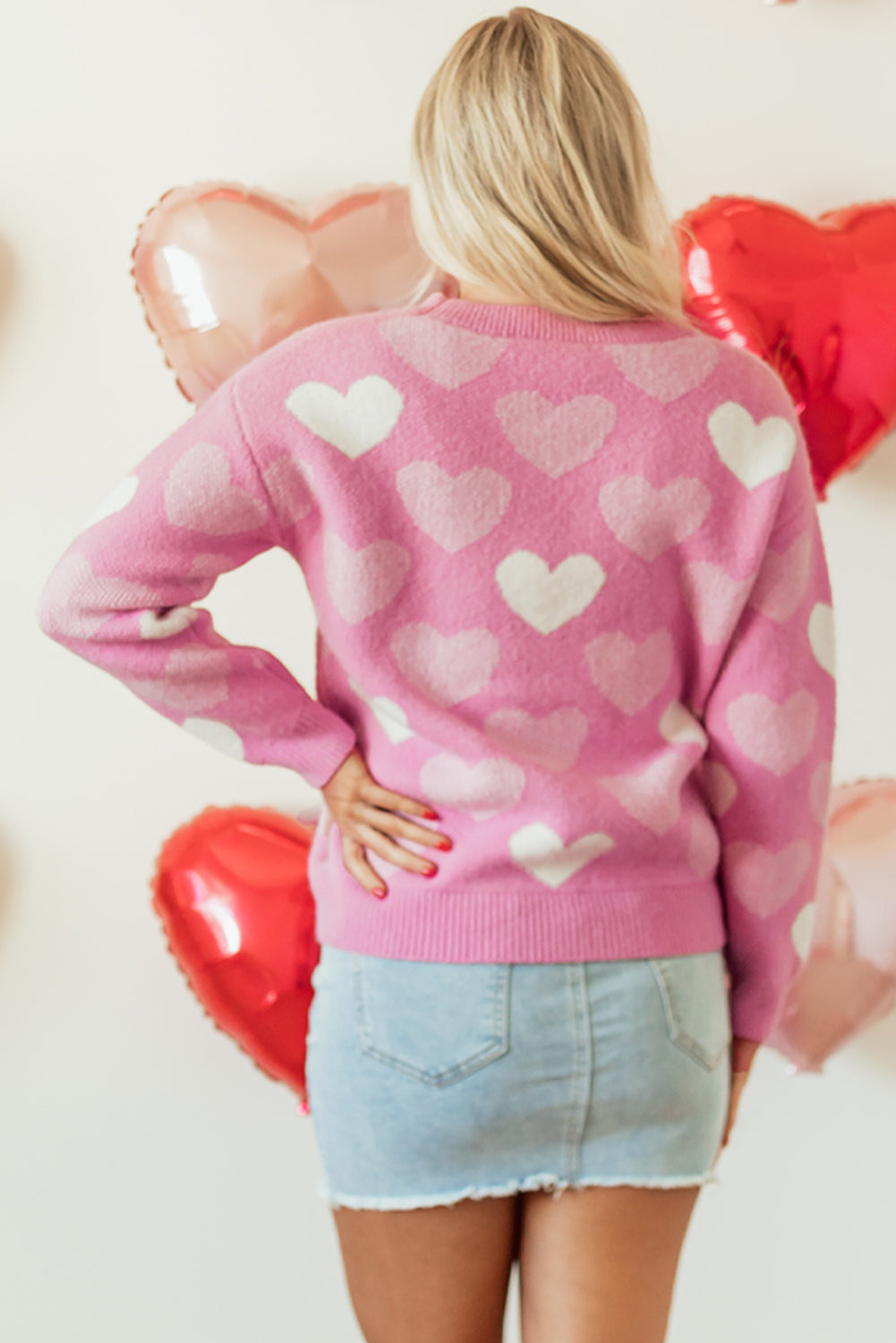 Pink Pearled Heart Print Valentines Crew Neck Sweater Sweaters & Cardigans/Sweaters
