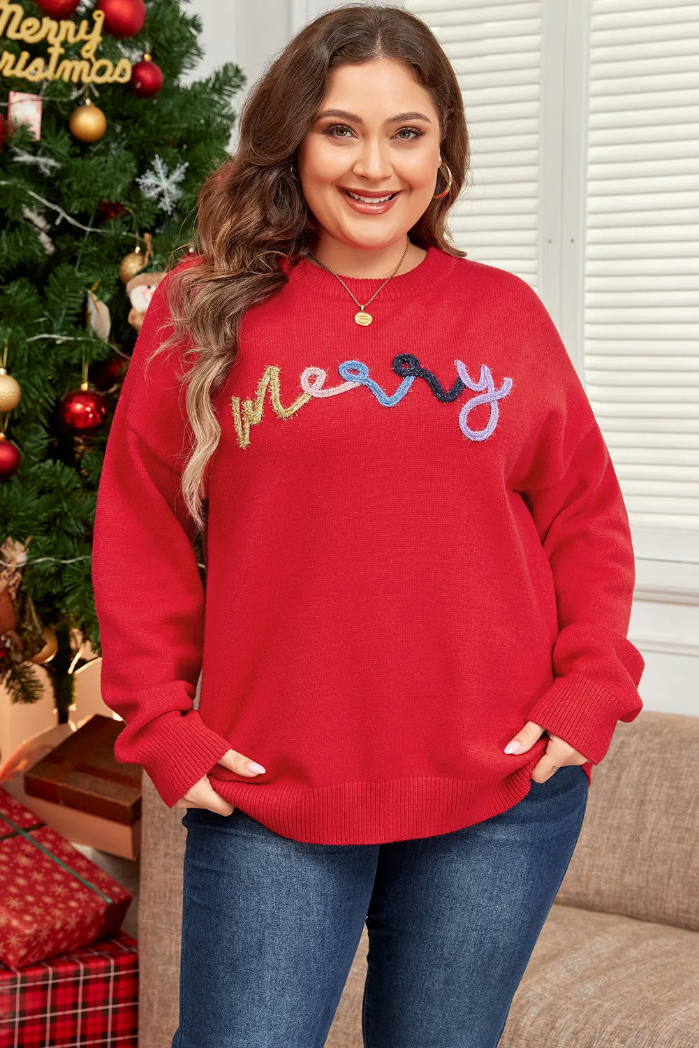 Plus Size MERRY Round Neck Long Sleeve Sweater 