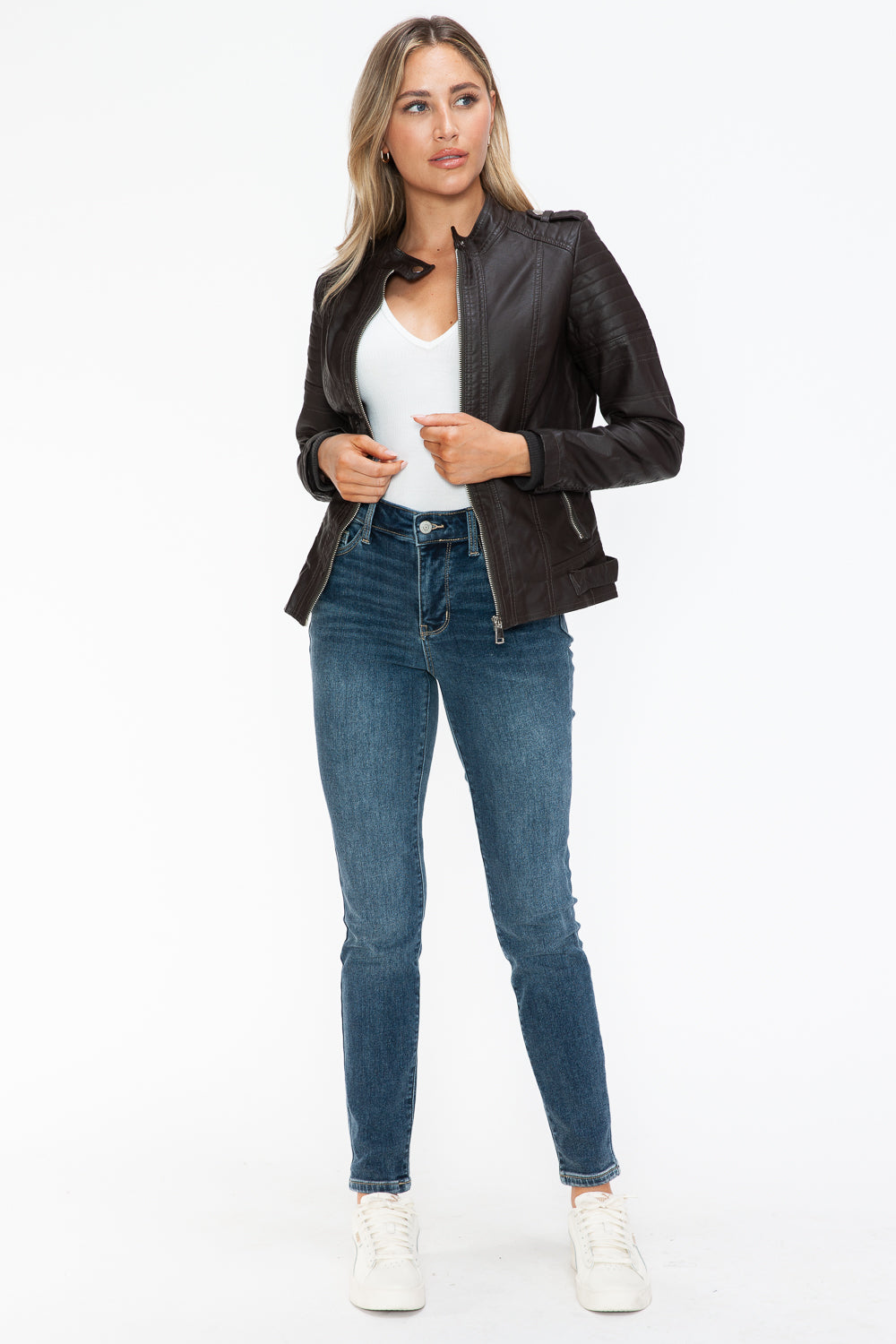 Snobbish PU Leather Biker Jacket with Side Zip Pockets 