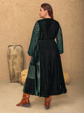 Plus Size Lace Patchwork V-Neck Balloon Sleeve Midi Dress 