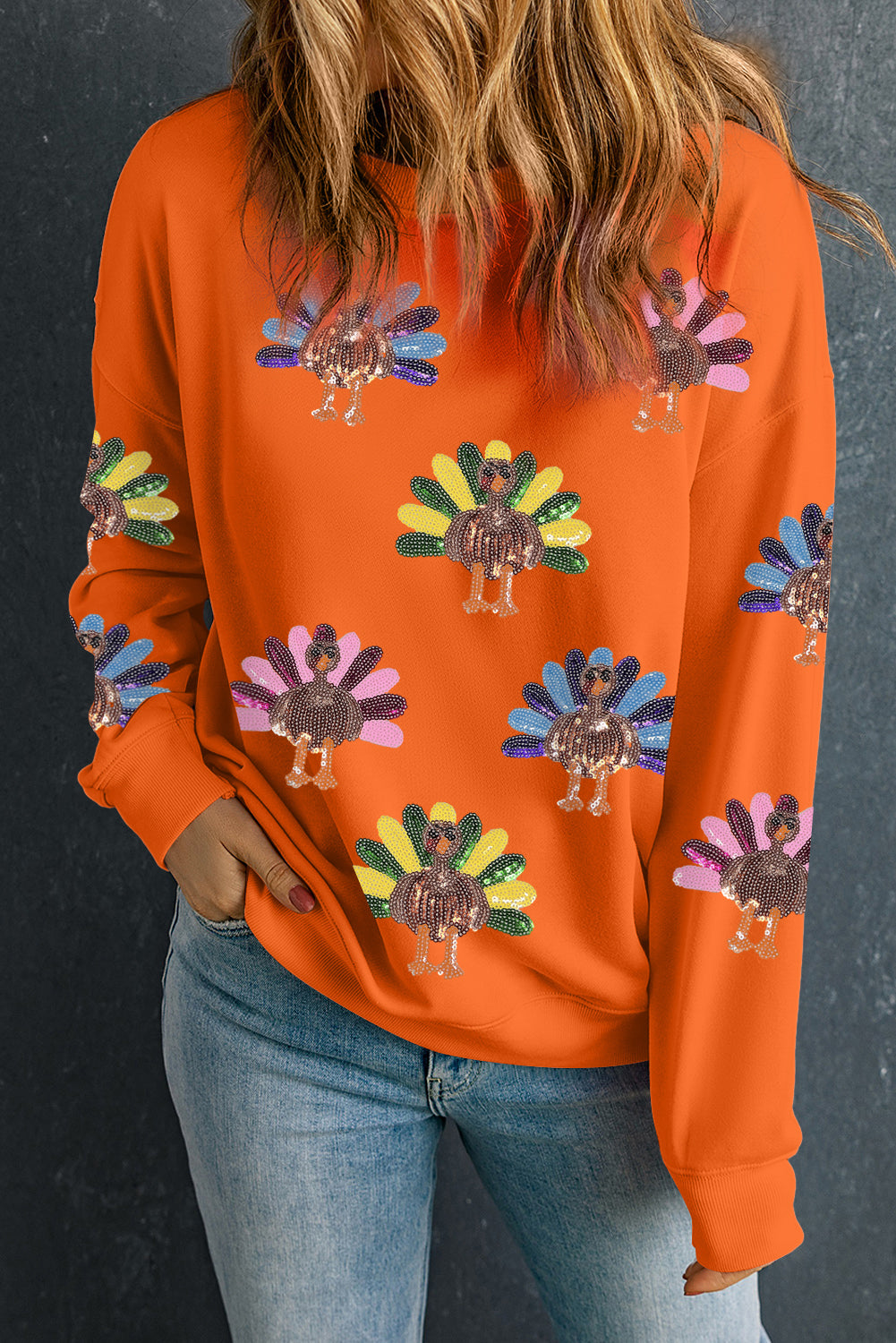 Orange Colorful Turkey Thanksgiving Graphic Sweatshirt Graphic/Graphic Sweatshirts