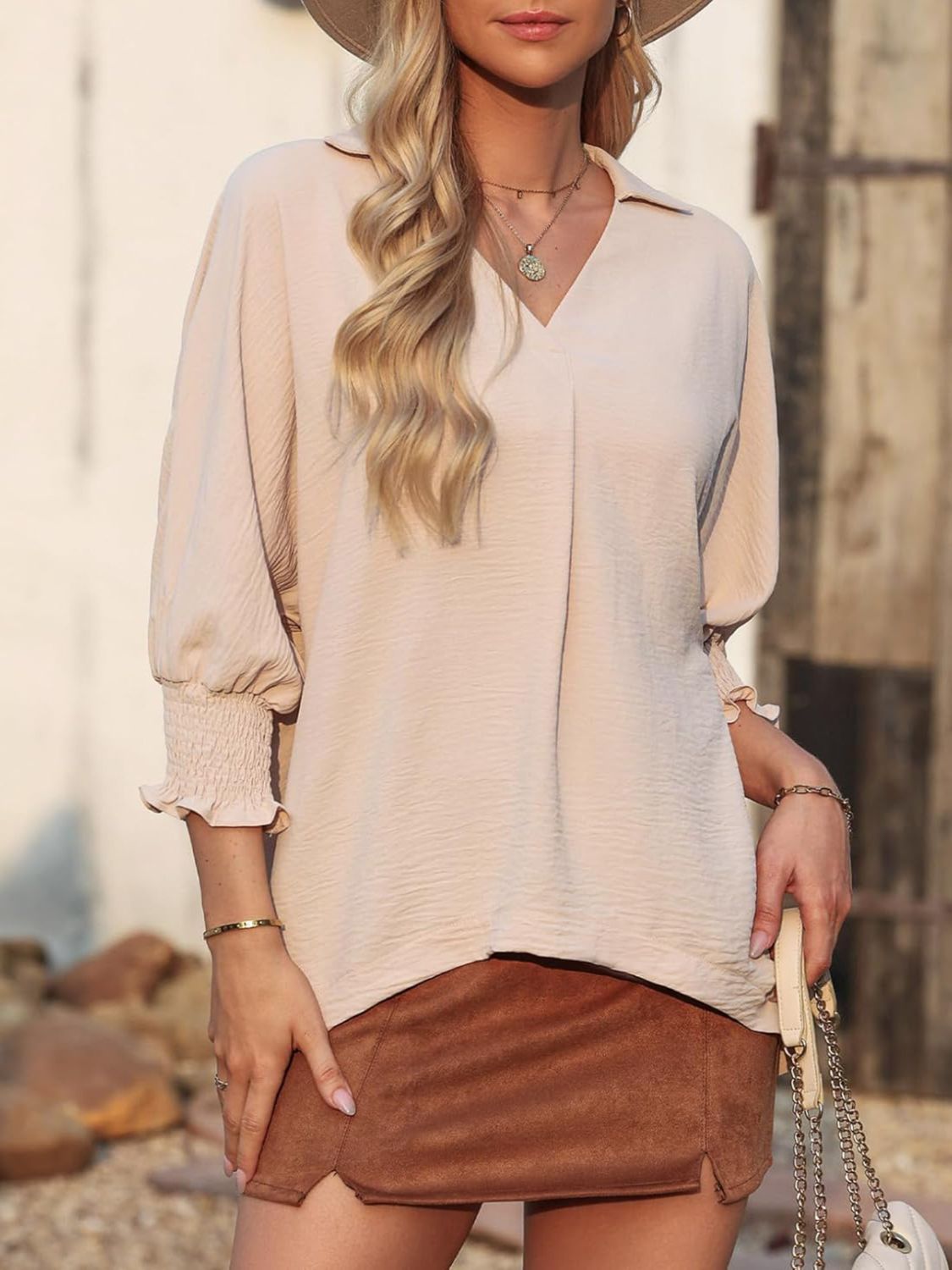 Johnny Collar Three-Quarter Sleeve Blouse 