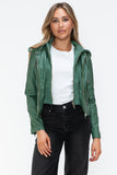 Snobbish Faux Leather Zip Up Drawstring Hooded Jacket 