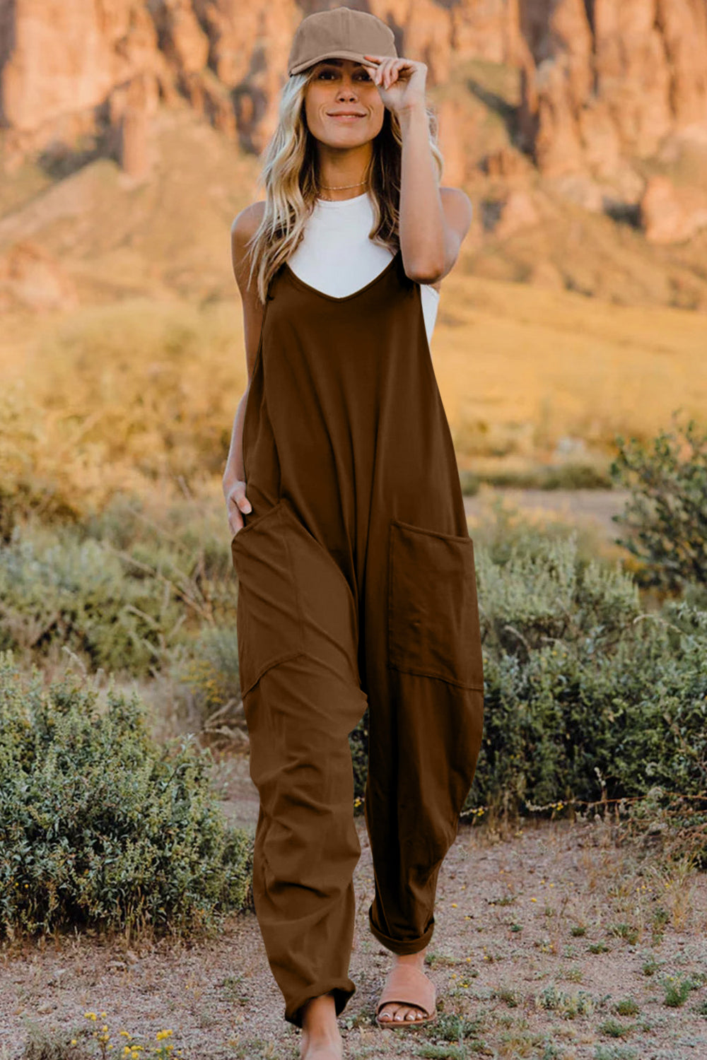 Double Take Full Size V-Neck Sleeveless Jumpsuit with Pockets 