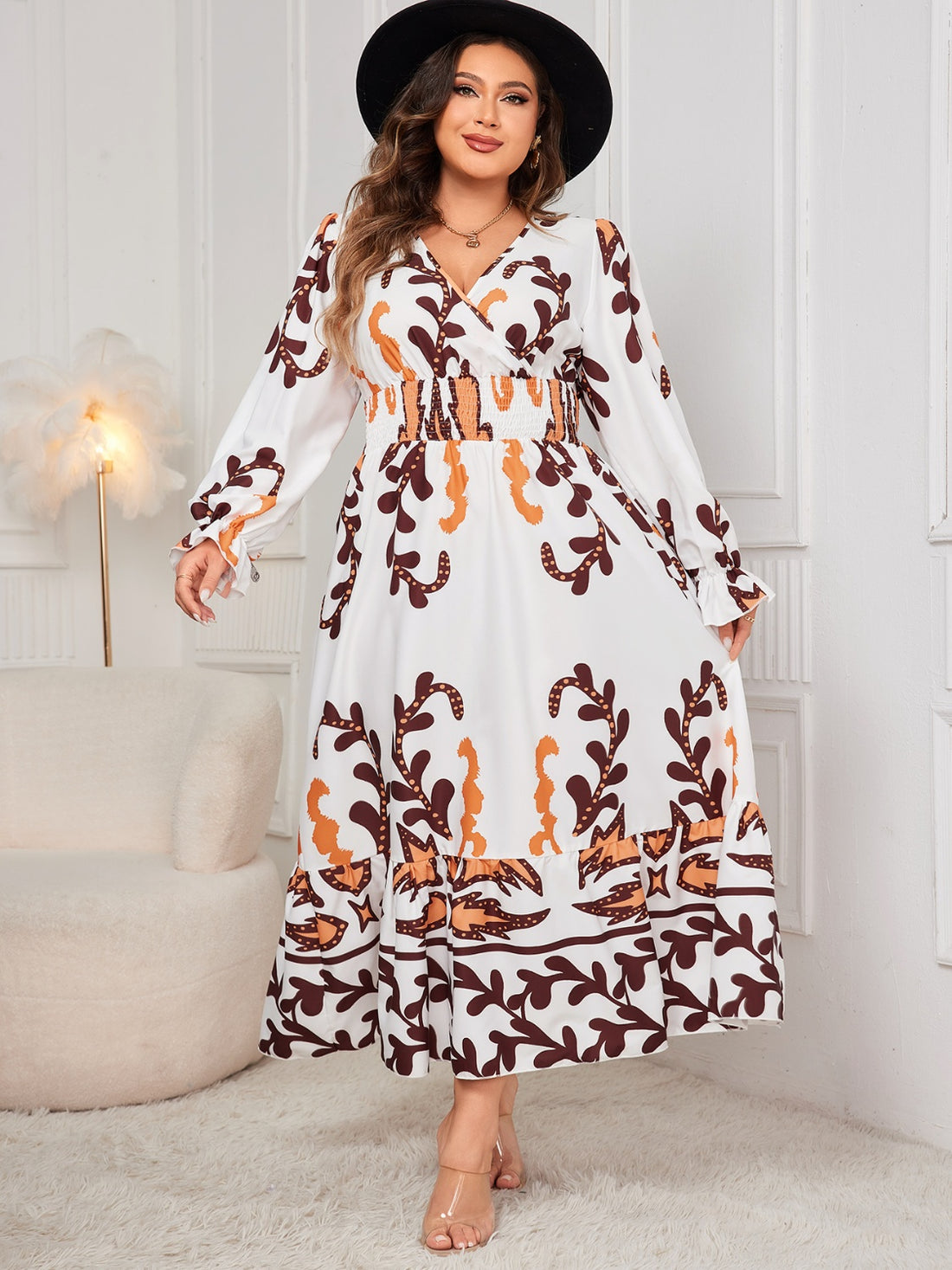 Honey Plus Size Printed Surplice Flounce Sleeve Dress 