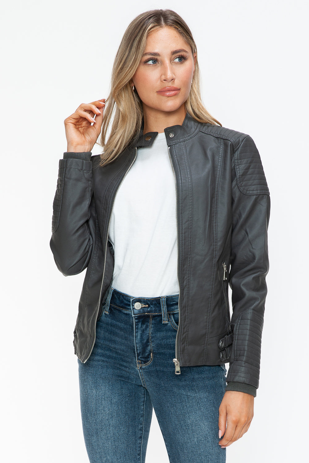 Snobbish Faux Leather Biker Jacket with Side Zip Pockets 