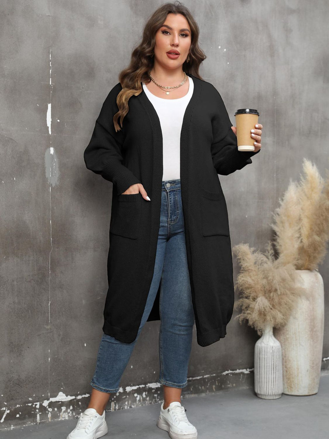 Plus Size Long Sleeve Pocketed Cardigan 