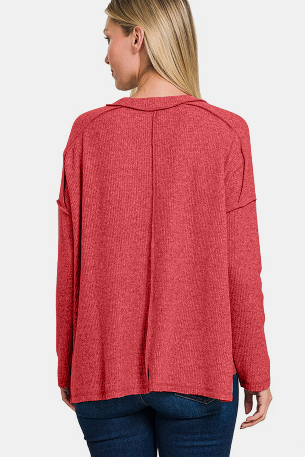 Zenana Full Size Exposed Seam Brushed Round Neck Sweater 