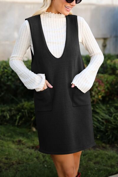 Lovelet Pocketed V-Neck Mini Sweater Overall Dress Dresses