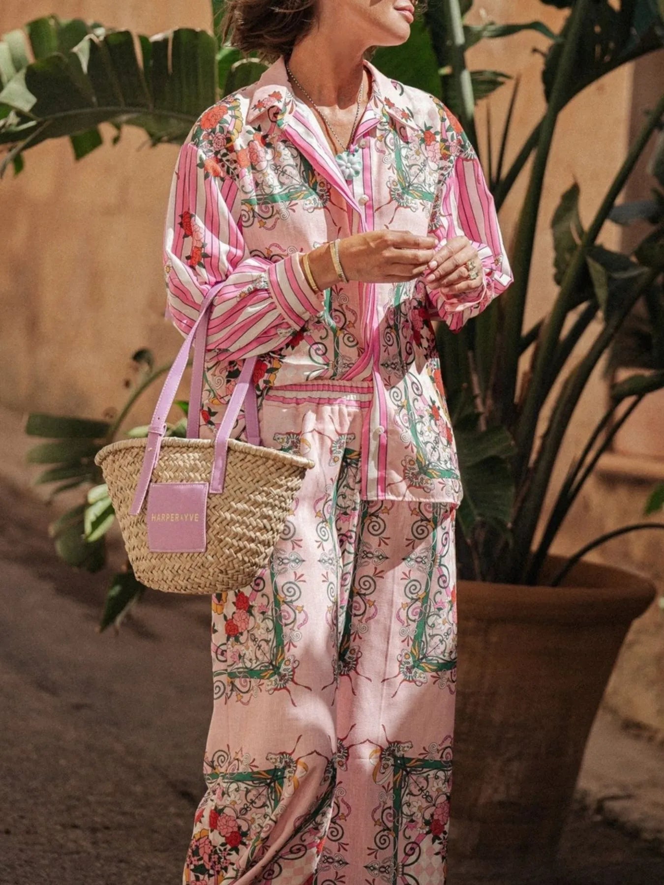 Printed Button Up Shirt and Pants Set Two Piece Dresses