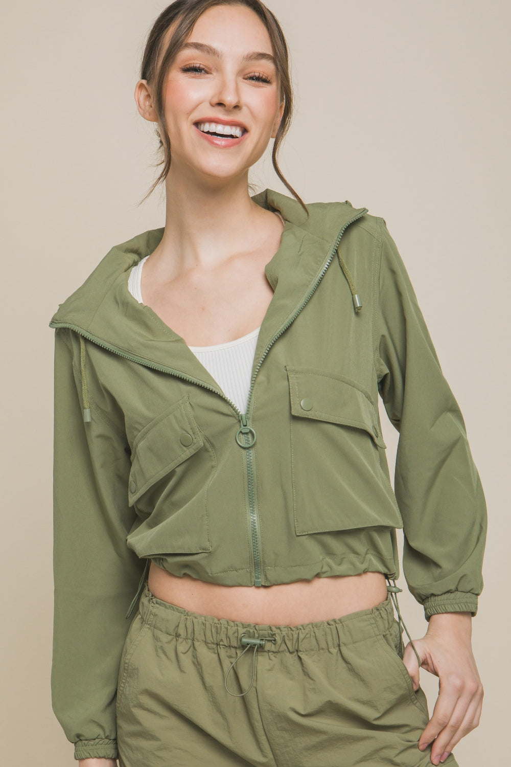Love Tree Drawstring Hem Hooded Zip-Up Jacket 