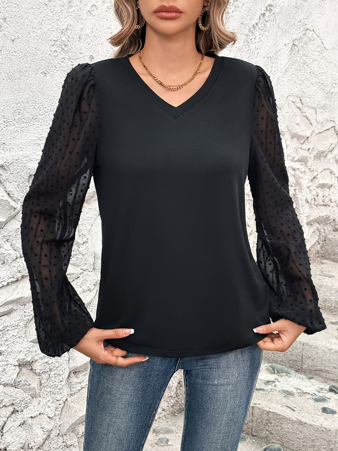 Full Size V-Neck Swiss Dot Long Sleeve Blouse 