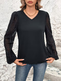 Full Size V-Neck Swiss Dot Long Sleeve Blouse 