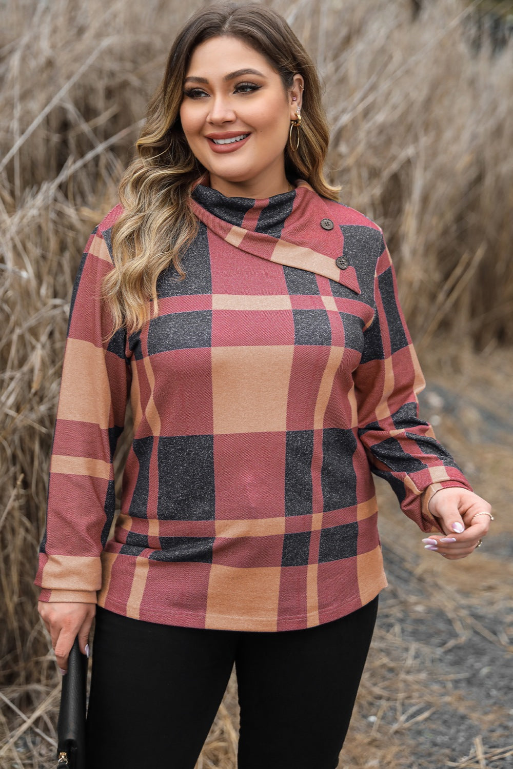 Plus Size Plaid Cowl Neck Long Sleeve Sweatshirt 