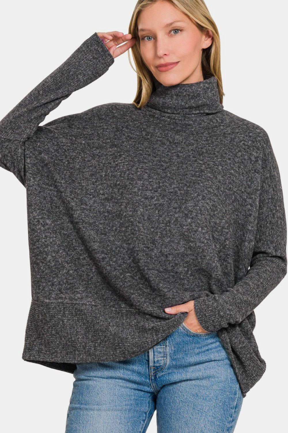 Zenana Full Size Brushed Melange Hacci Turtleneck Sweater 