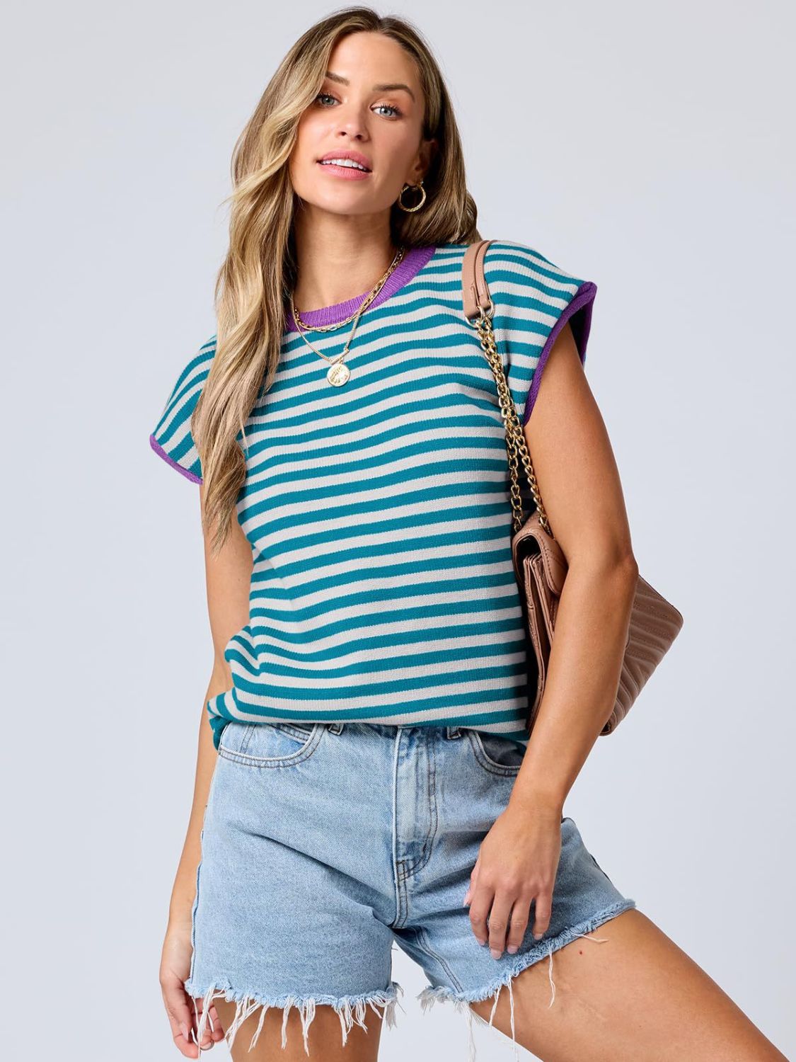 Mandy Contrast Round Neck Cap Sleeve Sweater 