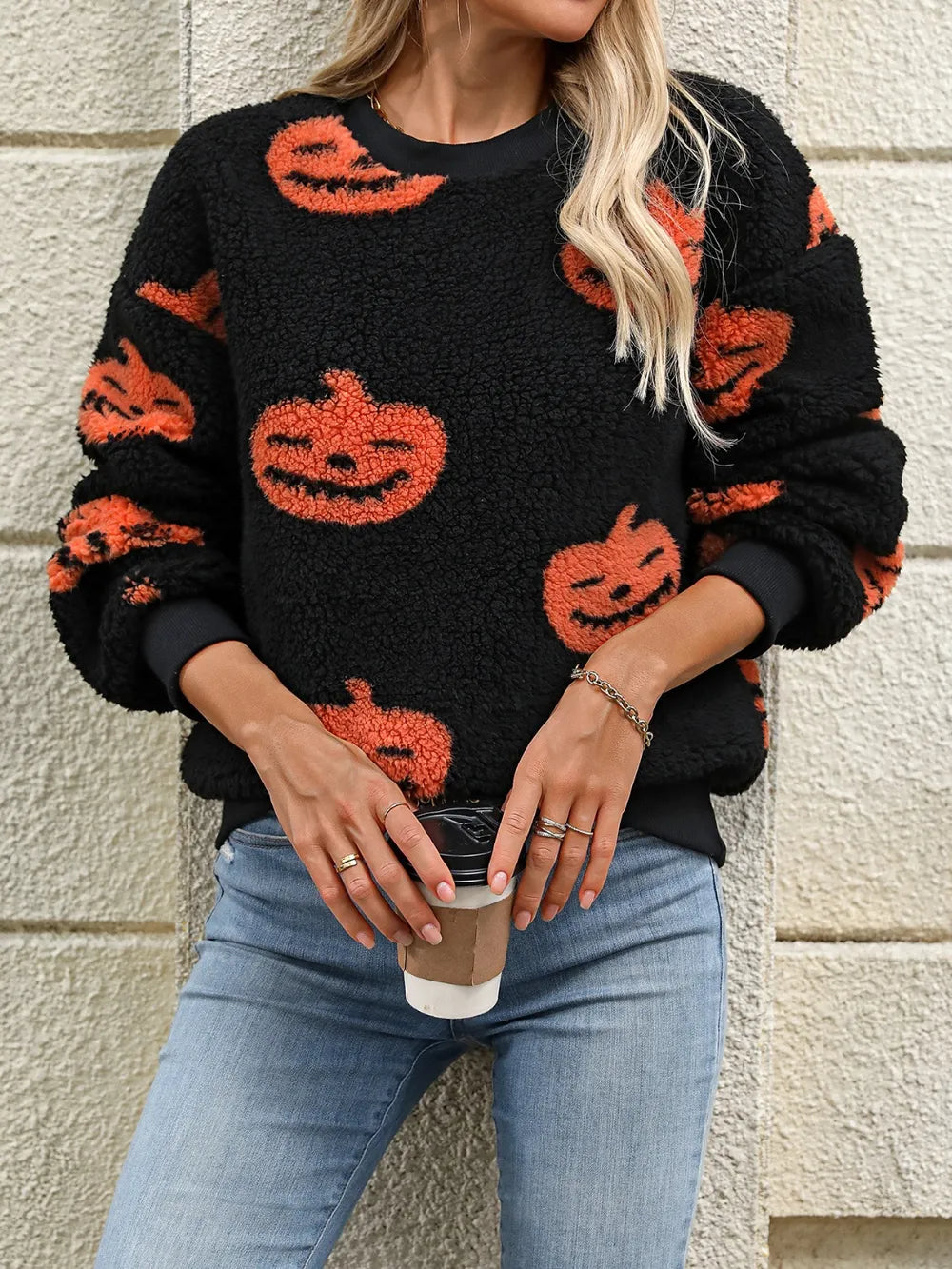 Fuzzy Pumpkin Round Neck Dropped Shoulder Sweater 