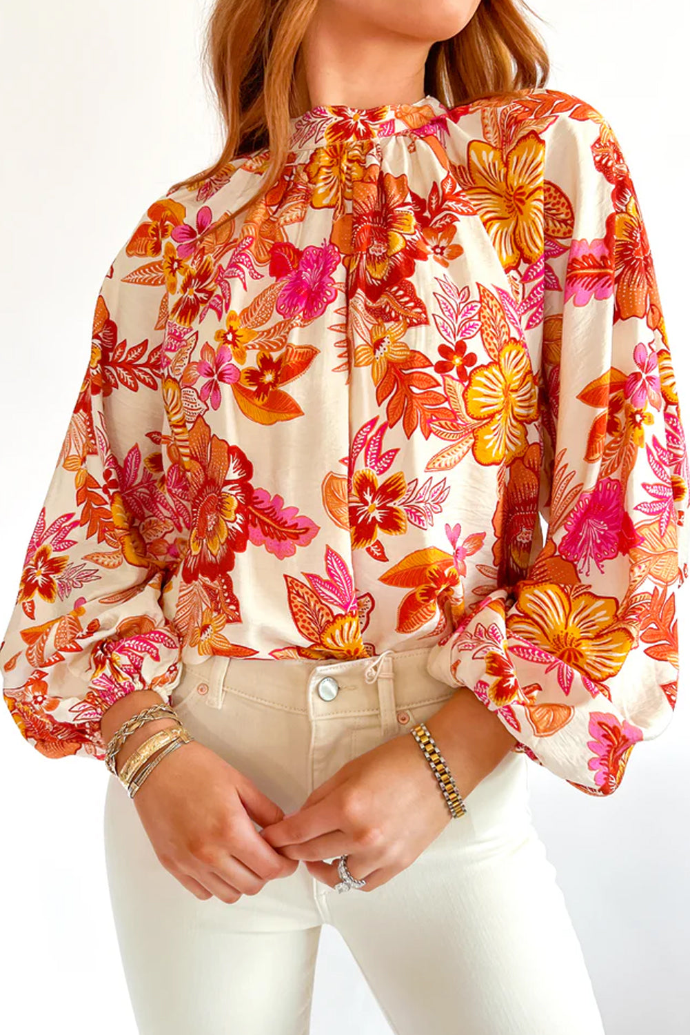 Orange Floral Print Pearl Button Keyhole Long Puff Sleeve Blouse Tops/Blouses & Shirts