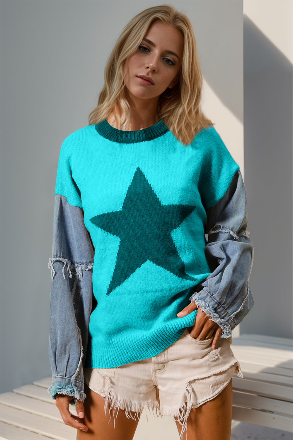 Double Take Full Size Star Pattern Raw Edge Long Sleeve Sweater 
