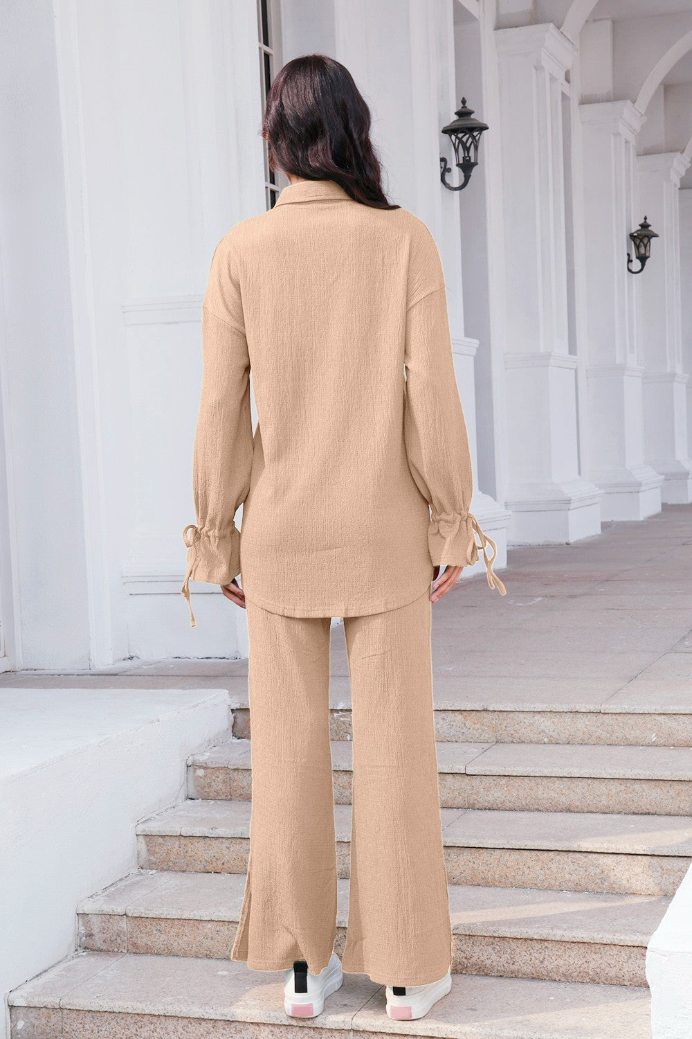 Drawstring Flounce Sleeve Shirt and Pants Set 