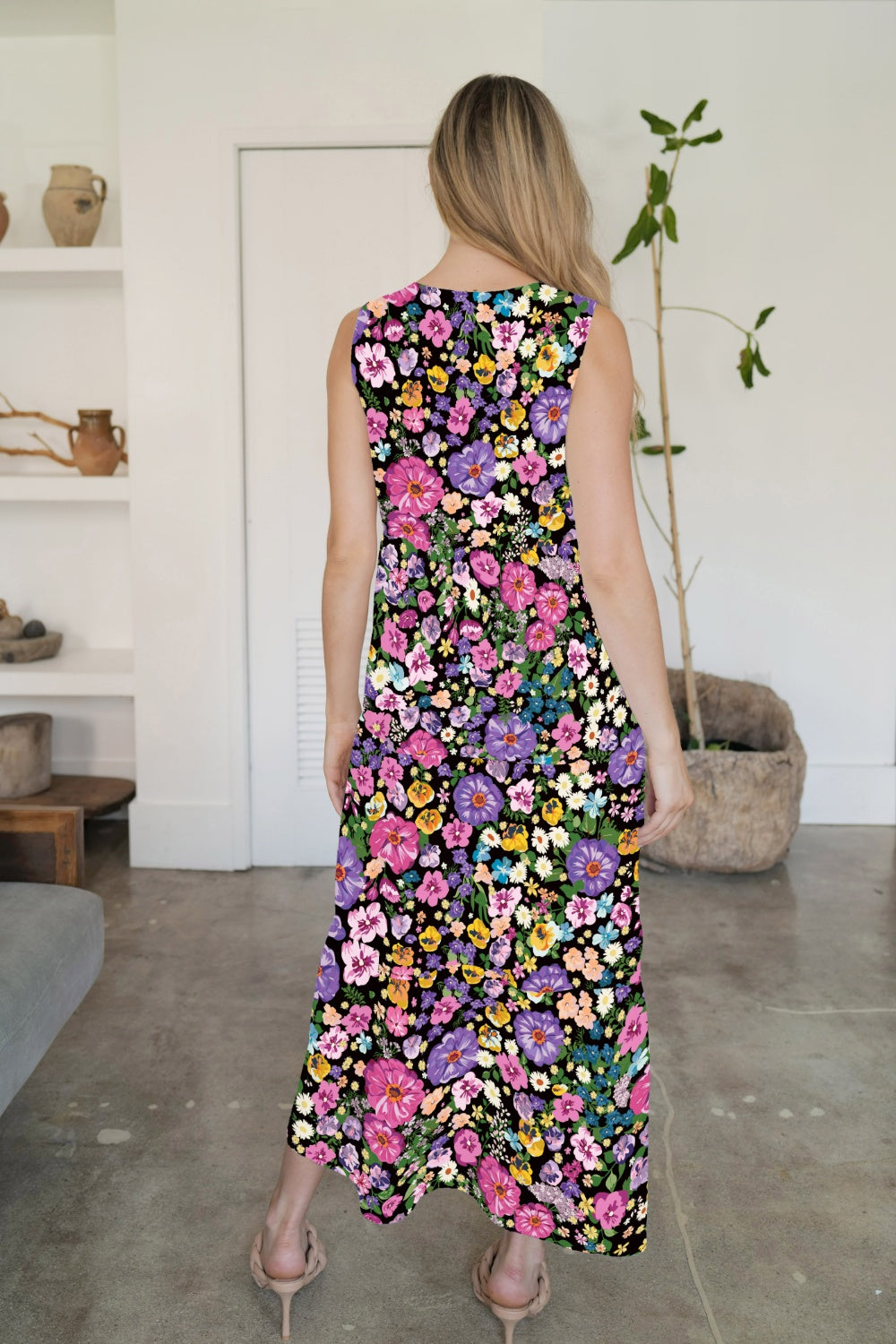 FAM-FAM Tiered Printed V-Neck Sleeveless Dress 