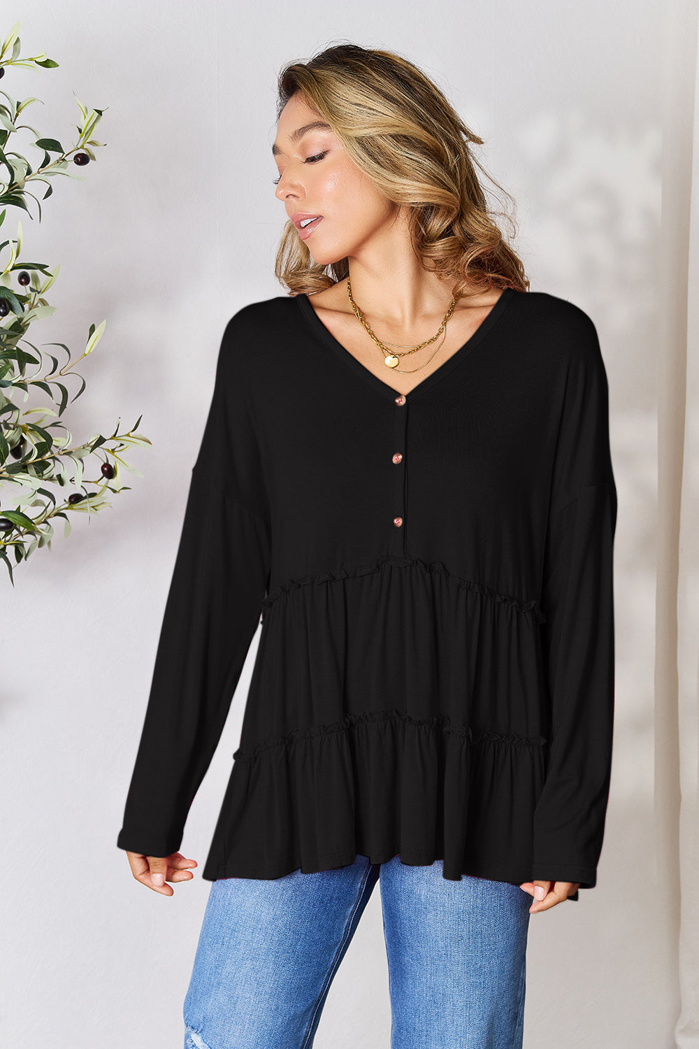 Double Take Half Button Long Sleeve Ruffle Hem Blouse 
