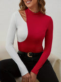 Cutout Contrast Mock Neck Long Sleeve T-Shirt 