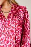 Double Take Full Size Printed Ruffle Trim Balloon Sleeve Shirt 
