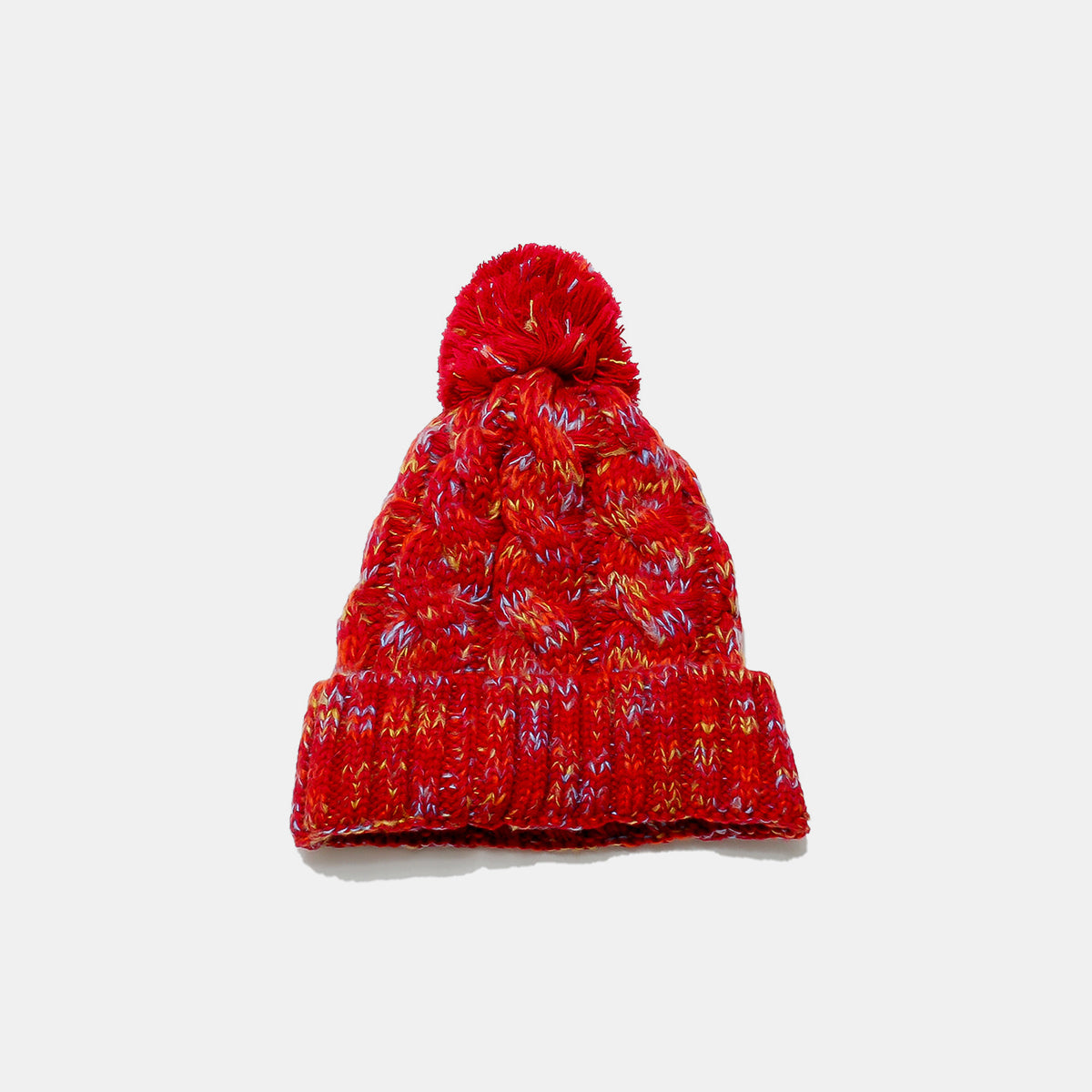 Contrast Cable-Knit Hat with Pompom 