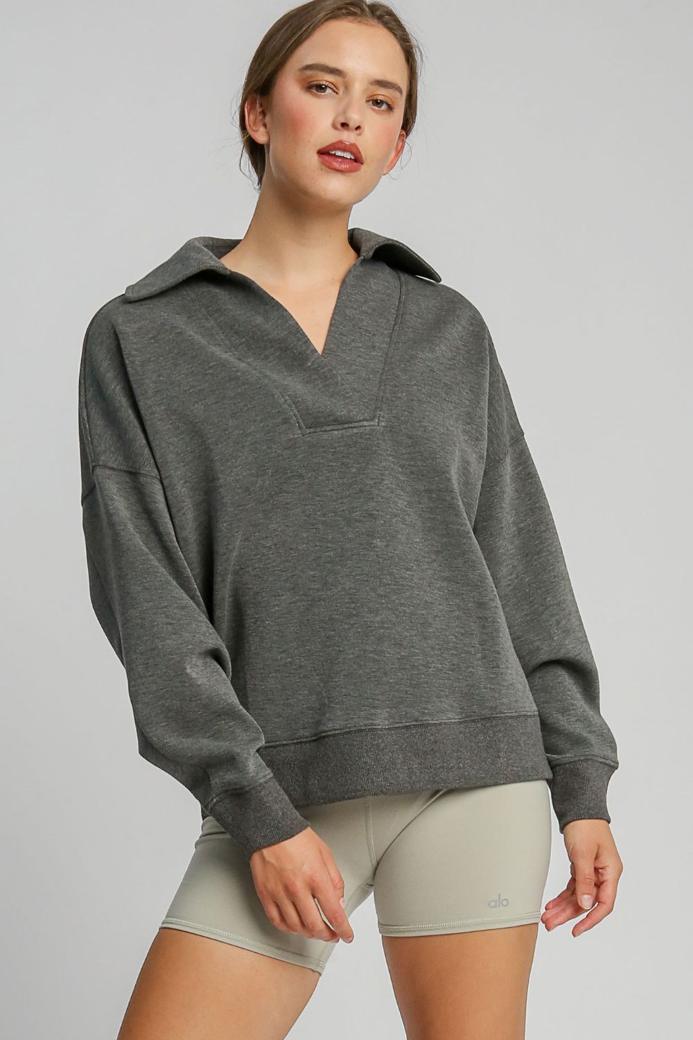 Umgee Johnny Collar Dropped Shoulder Sweatshirt 
