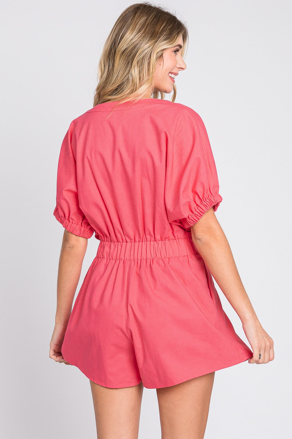 GeeGee Half Button V-Neck Linen Romper 