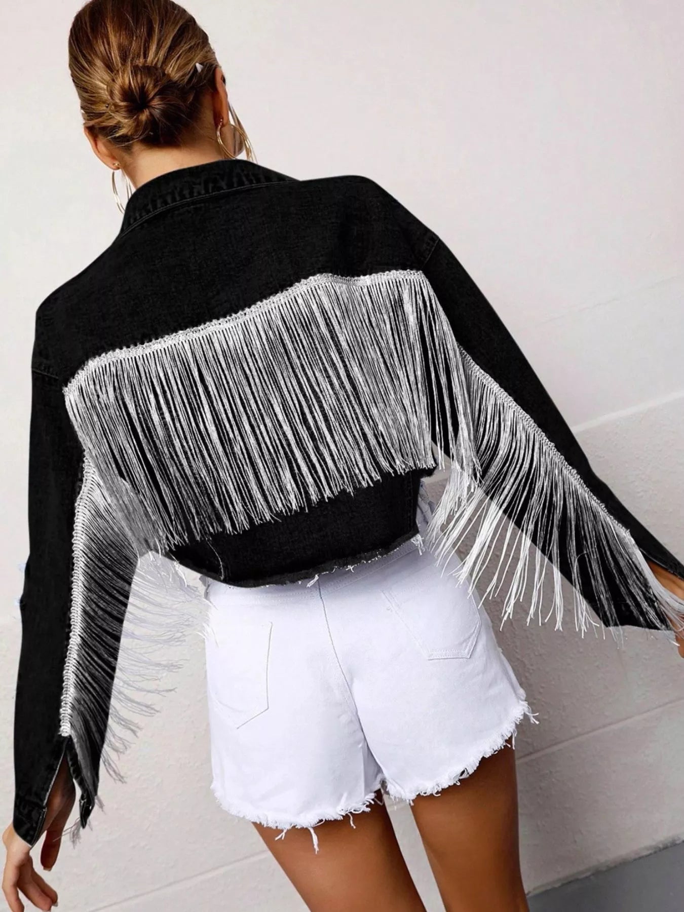Fringe Button Up Cropped Denim Jacket 